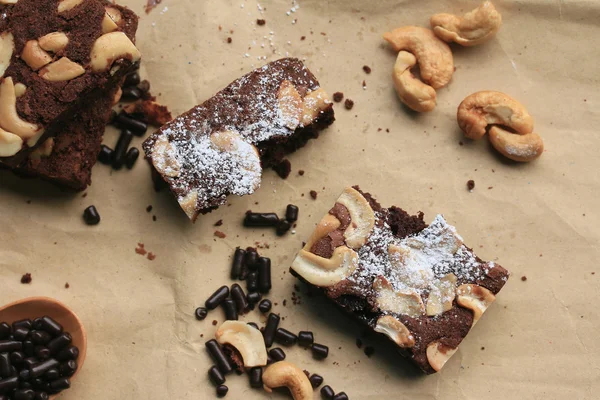 Chocolate brownie with cashew nuts — Stock Photo, Image