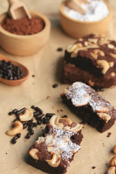 Chocolate brownie with cashew nuts — Stock Photo, Image