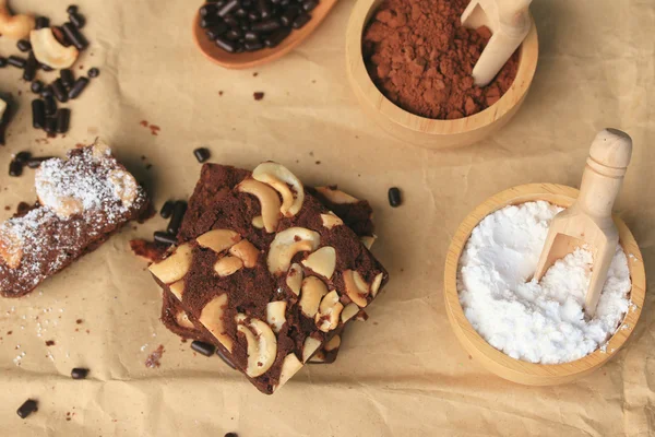 Chocolate brownie with cashew nuts — Stock Photo, Image