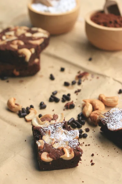 Chocolate brownie with cashew nuts — Stock Photo, Image