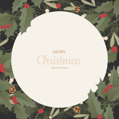 Gerçekçi Noel ağacı dalları, köknar kozalakları, ökseotu ve çobanpüskülü, ilex.