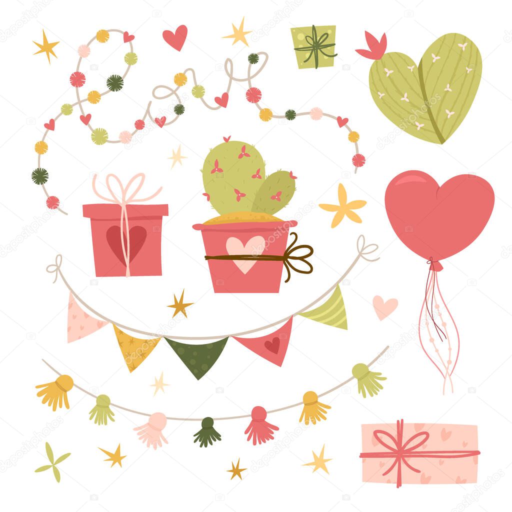 Valentine's day flat illustration. Collection design elements with cactus, lovely flowers, hearts. gifts, balloon, ribbons. . Greeting card or invitation in trendy style.Vector illustration