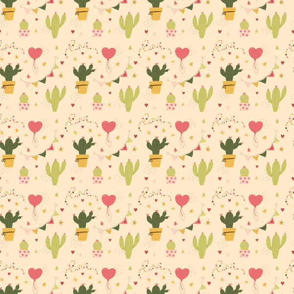 San Valentino Modello Senza Soluzione Continuità Cactus Cuori Amore Biglietto — Vettoriale Stock