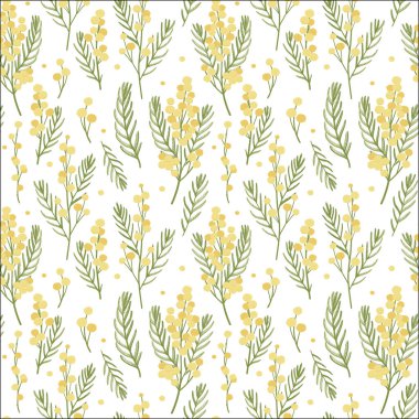 Mimosa çiçekleri kusursuz desen. Bahar rengi yeşil ve sarı. Vektör illüstrasyonu.