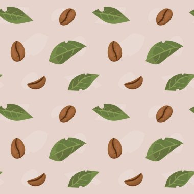 Kahve çekirdekleri ve düz çizgi film tarzında yapraklarla kusursuz desen. Vektör illüstrasyonu.