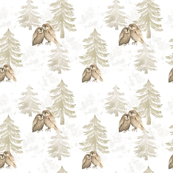 Aquarell Nahtlose Muster Mit Niedlichen Eulen Wald Fichtenwald Wilde Tiere — Stockfoto