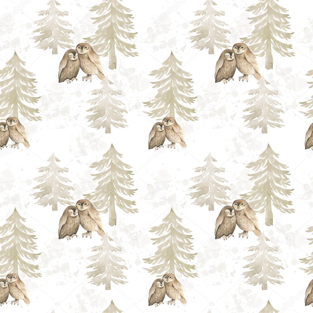 Watercolor seamless pattern with cute owls in the forest. Spruce forest, wild animals.