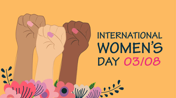 Плакат Международного женского дня или дизайн баннера. Женский кулак с цветами