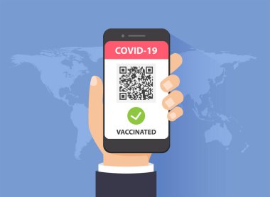 QR kodlu cep telefonu uygulamasında durum aşısı yapıldı. Covid Aşı Pasaportu ile seyahat ediyor. Vektör illüstrasyonu