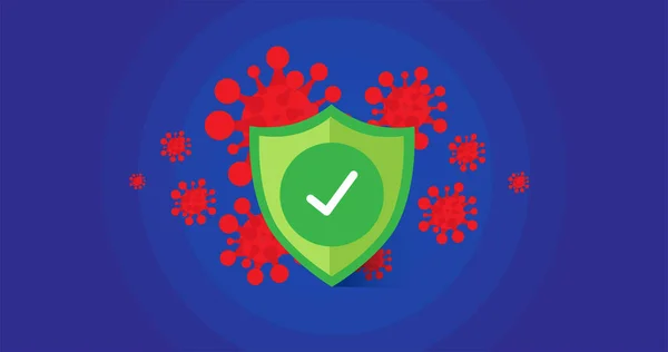 免疫系のウイルスに対する医療保護 チェックマーク付きコロナウイルスシンボルとシールド — ストックベクタ