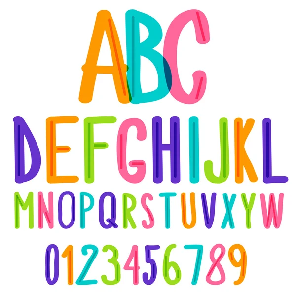 手書きフォント手書きカラフルな子供スケッチ アルファベットと数字 — ストックベクタ