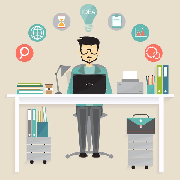 Concept marketing, homme sur son bureau de travail — Image vectorielle