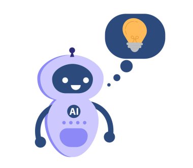 Kafasının üstünde ampul olan robot yeni fikri sembolize ediyor. Yapay zeka, beyin fırtınası ve yaratıcı düşünce için vektör illüstrasyon
