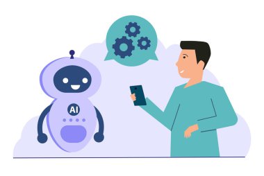Chatbot concept. Customer service robot. Man chatting with chat bot.
