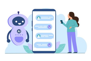 Akıllı telefonun yanında sohbet robotu olan bir kadın. Yapay zeka ve makine öğrenme konsepti. Modern teknolojiler ve yenilikler.