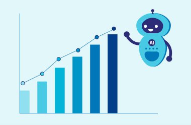 Büyüyen kar grafiği olan yapay zeka robotu. Yatırım kar artışı, teknoloji, mali danışman.