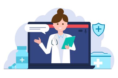 Online tıbbi danışmanlık konsepti. Dizüstü bilgisayardaki kadın doktor. Teletıp. Vektör illüstrasyonu