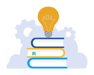Bir yığın renkli kitabın üzerinde parlayan ampul, bilgiyi ve ilhamı sembolize ediyor.