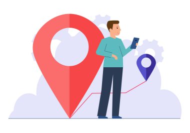 Genç bir erkek karakter, modern seyahat ve teknolojiyi gösteren bir harita uygulaması ve konum şifresi kullanarak telefonunu kullanıyor. Mobil GPS izleme konsepti