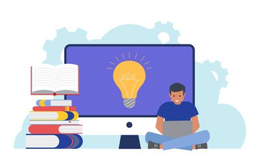 Çevrimiçi eğitim kavramı uzaklık öğrenme, adam dizüstü bilgisayarda çalışıyor