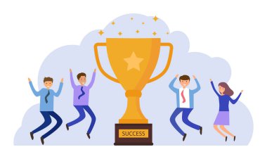 İş dünyası başarı konsepti. İş ekibi dev bir altın kupanın etrafında kutlama yapıyor.