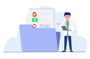 Doktor bir dizüstü bilgisayar üzerinde çalışıyor, elektronik sağlık ve tıbbi kayıtları yönetiyor, küresel sağlık hizmetleri yapay zeka teknolojisi