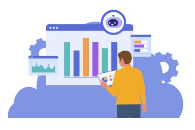 Yapay zeka teknolojisiyle finansal verileri analiz eden adam. Veri analizi, hisse senedi ticareti ve yatırım için yapay zeka robot asistanı