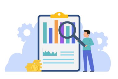 Büyüteçle büyüme grafiği verilerini inceleyen bir adam. Mali denetim, araştırma, analiz, istatistik, iş stratejisi, pazar eğilimleri