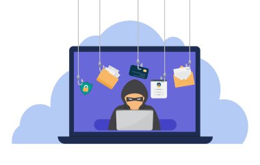 Dolandırıcılık konsepti. Dolandırıcılık koruması, şifre hırsızlığı, veri hırsızlığı. Hacker, dolandırıcı gizli bilgileri çalmaya çalışıyor.