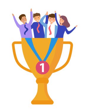 İş ekibi dev bir kupanın içinde kutlama yapıyor. Hedef başarısı kavramı, duygusal başarı, takım ödülü