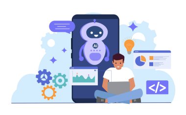 Yapay zeka sitesi olan adam. Genç adam internet robotlarıyla akıllı telefonun yanında oturuyor. Yapay zeka ve makine öğrenimi