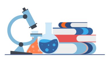 Laboratuvar ekipmanları ve kitaplarla kimyasal laboratuvar araştırma konsepti. Bilimsel deney, kimya çalışması, laboratuvar eğitimi ve araştırma geliştirme.