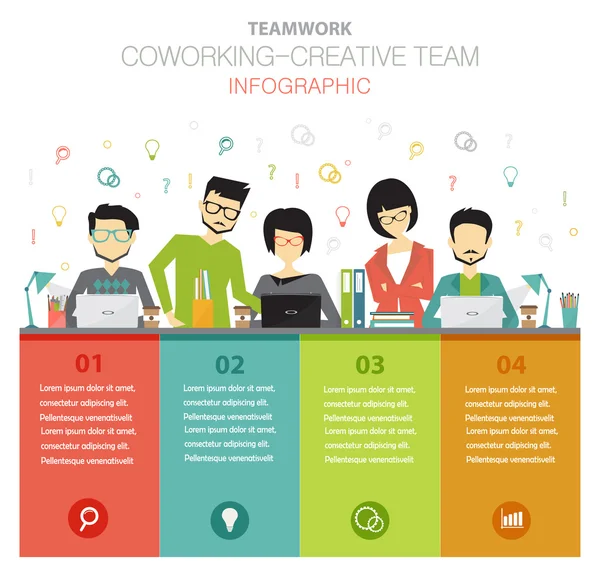 Coworking, concepto infográfico del equipo creativo — Vector de stock