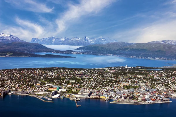 Tromso, Norway. Panoramic sunset sea view from mountain, Norwegian city — Stock Photo, Image