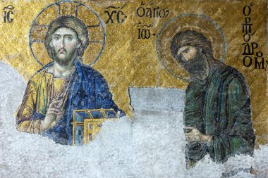 Istanbul, Türkiye - 21 Ağustos 2016: İsa'nın kutsal kişilerin resmi ve St. John Katedrali camide Ayasofya