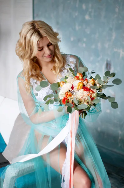 Bridal morning boudoir with smiling charming blond woman — Stock Photo, Image