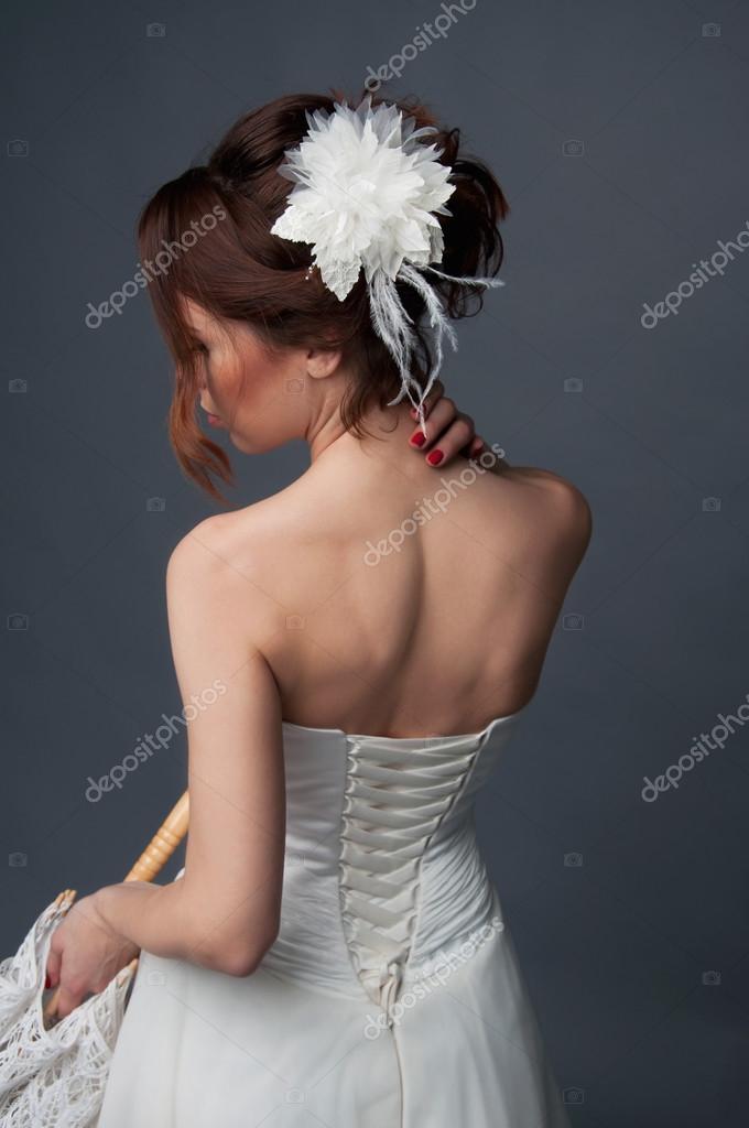 Elegant Bride With Short Hair Updo And Bare Shoulders Dress