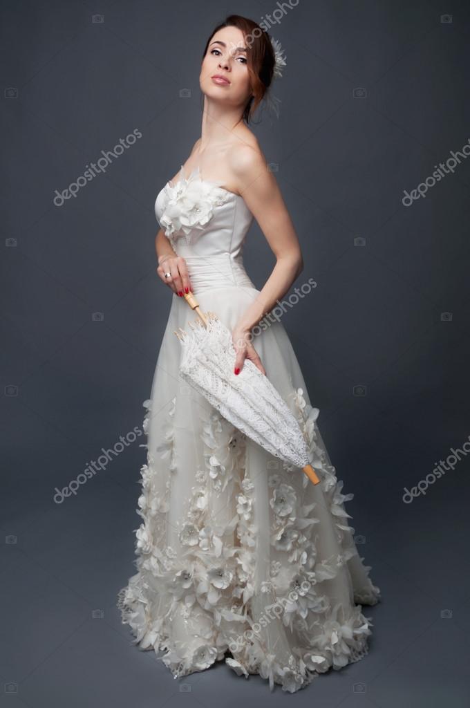Elegant Bride With Short Hair Updo And Bare Shoulders Dress