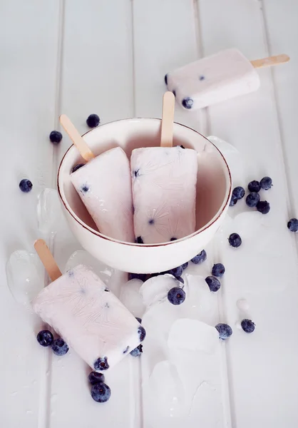 Ice popsicles with yogurt and blueberries in ice lolly mold