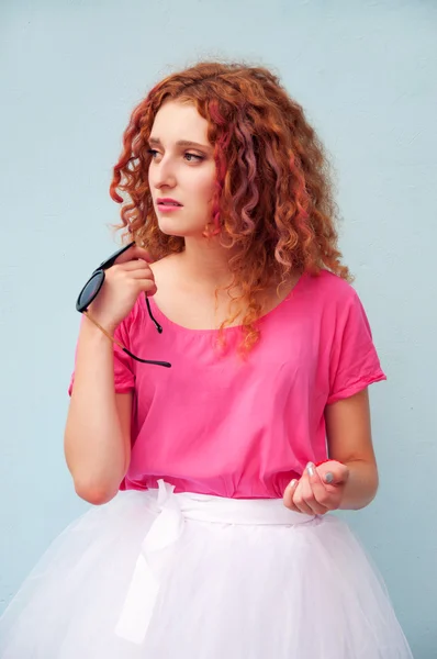 Cute young woman with colorful hair dye and curly hair — Stock Photo, Image