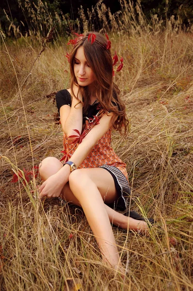 Cute young woman in the autumn field — Stock Photo, Image