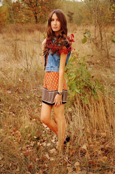 शरद ऋतु वन में सुंदर युवा महिला — स्टॉक फ़ोटो, इमेज