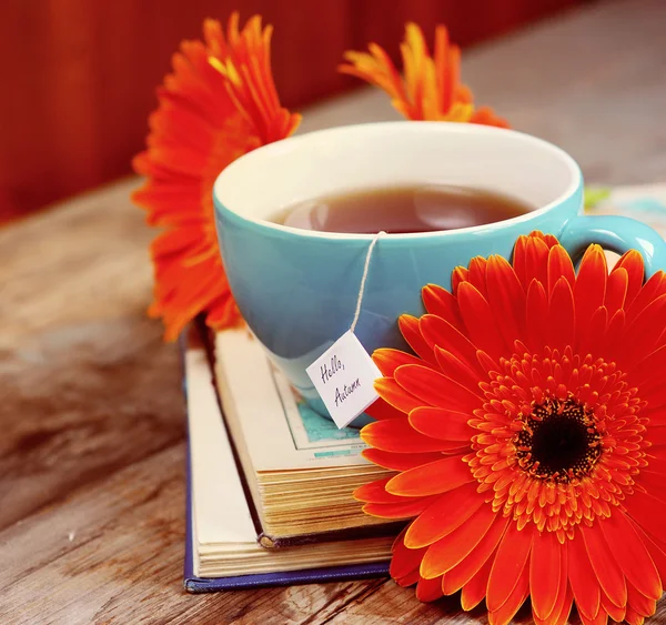 Een kopje thee met gerbera's en boeken — Stockfoto