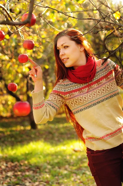 Junge rothaarige Frau mit langen glatten Haaren in der Apfelgarde — Stockfoto