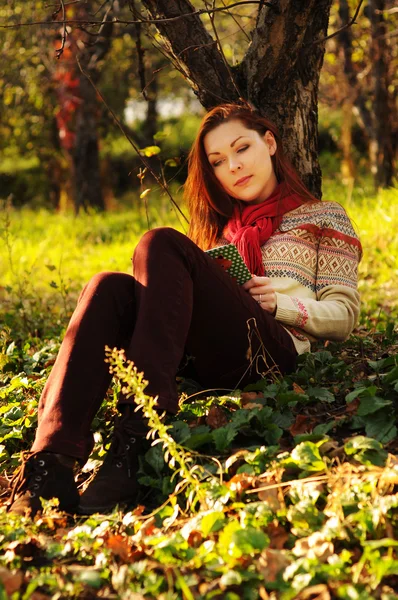 Mujer joven con pelo largo y rojo leyendo bajo el árbol —  Fotos de Stock
