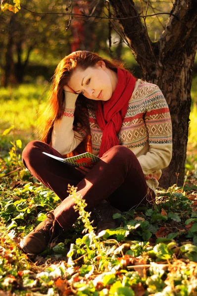 Mujer joven con pelo largo y rojo leyendo bajo el árbol — Foto de Stock