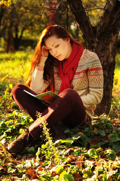 Mujer joven con pelo largo y rojo leyendo bajo el árbol — Foto de Stock