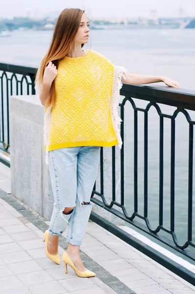 Street city fashion redheaded girl with long hair — Stock Photo, Image