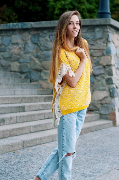 Street city fashion redheaded girl with long hair — Stock Photo, Image