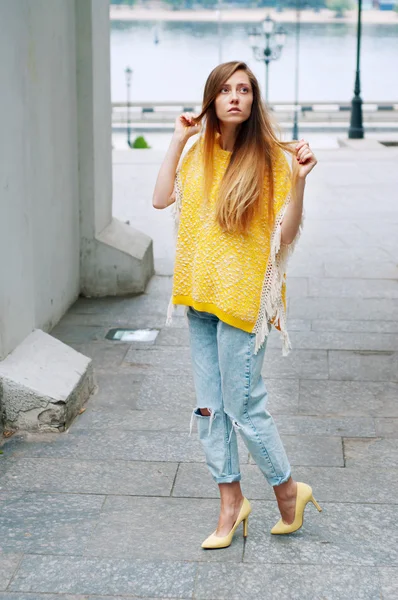 Street city fashion redheaded girl with long hair — Stock Photo, Image